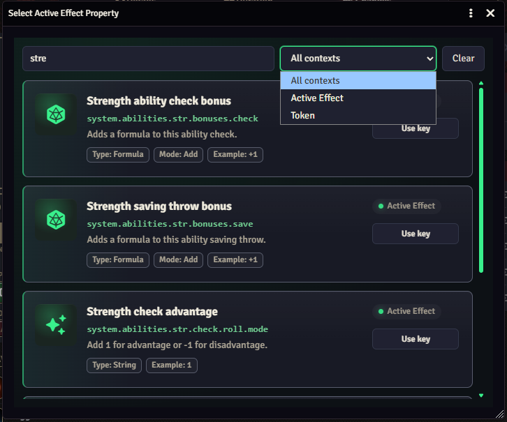 Property browser with the context selector open