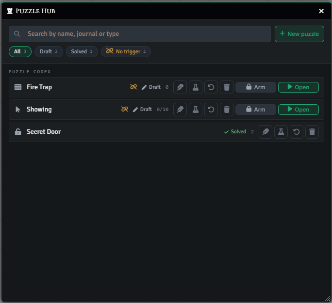 Puzzle Hub showing draft and solved puzzles