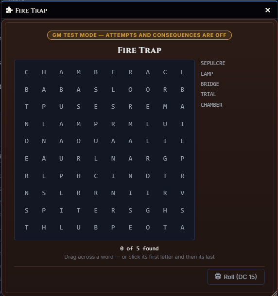 Word search with five hidden words