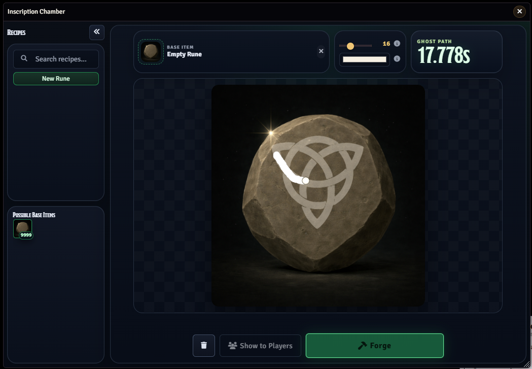 Inscription Chamber with a base item dropped in and a rune being traced