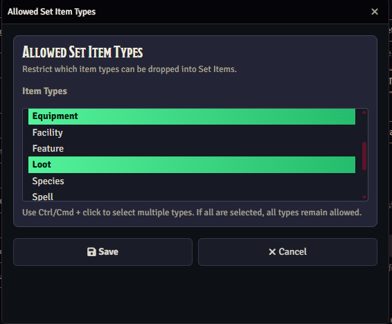 Allowed set item types