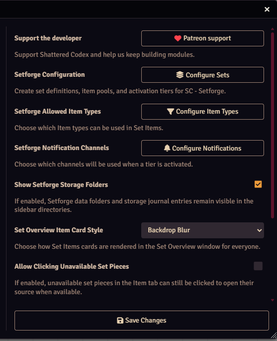 Setforge module settings