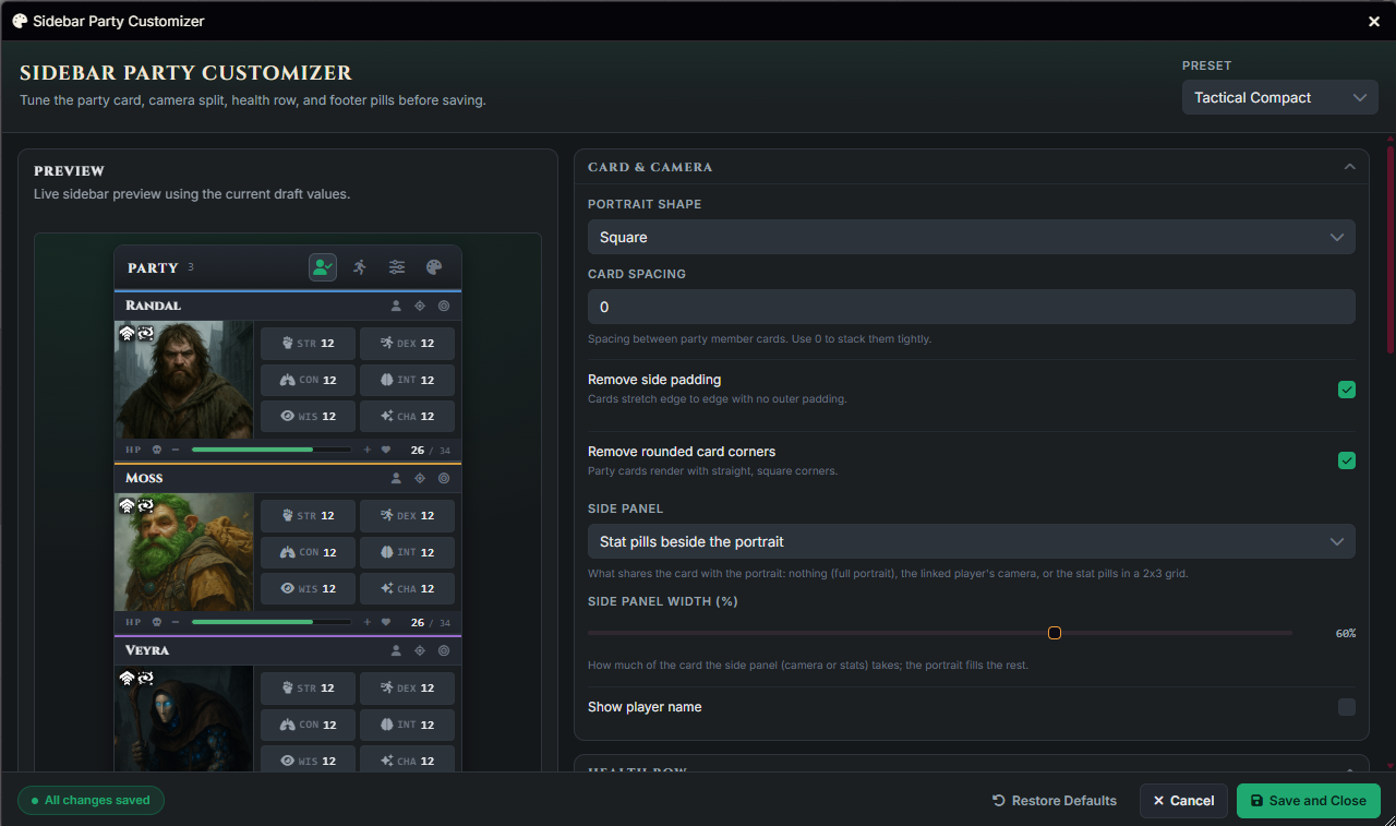 Sidebar Party Customizer showing the Tactical Compact preset