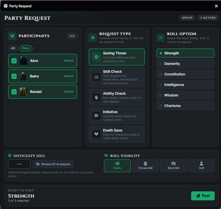 Party Request dialog with participants, request type, roll option, and DC