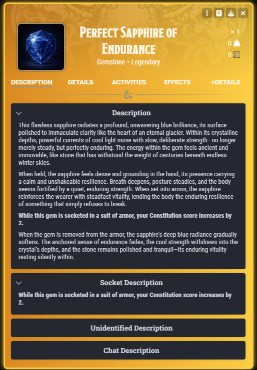 Gem description panels with description, socket description, unidentified description, and chat description