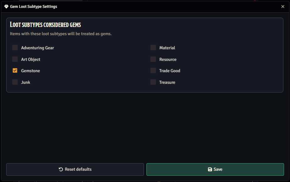 Gem loot subtype settings