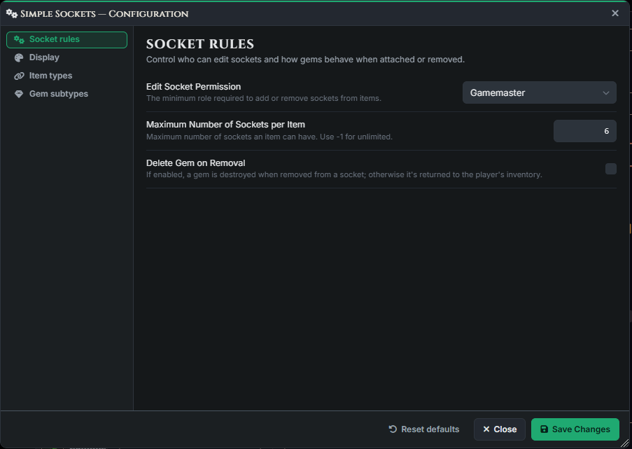 Simple Sockets configuration window open to Socket rules with permission, socket limit, and gem removal settings