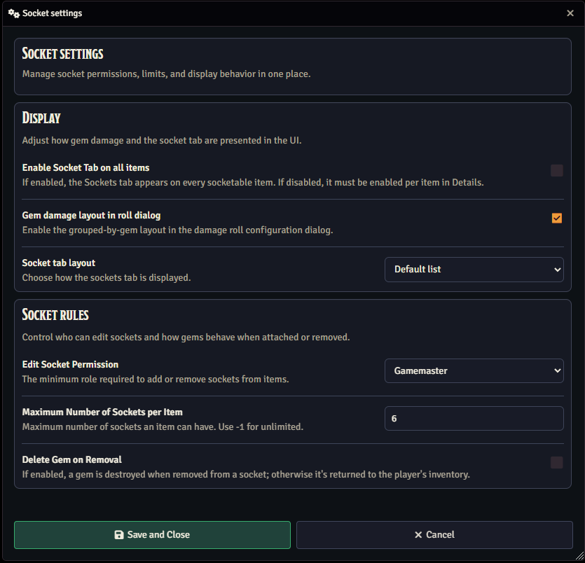 Socket settings window
