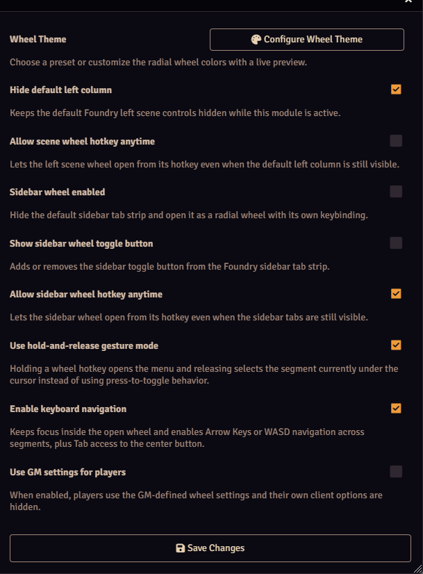 Main module settings for wheel behavior